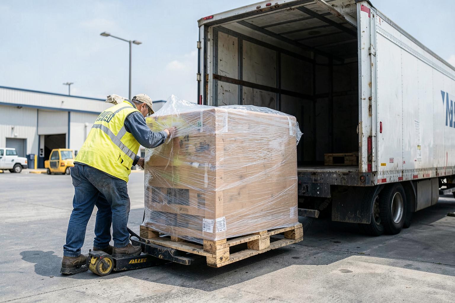 Wrapped liquidation pallet being loaded for free freight delivery from the Dallas warehouse