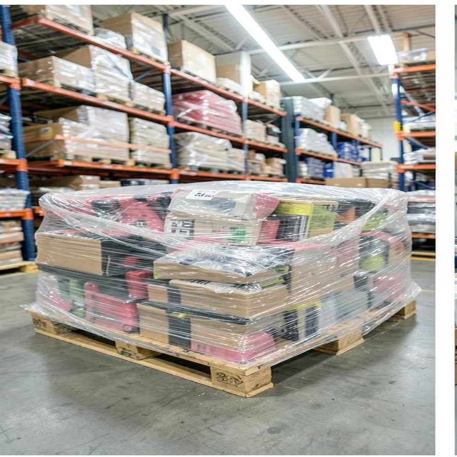 Mixed liquidation pallet staged in an organized wholesale warehouse for buyer inspection