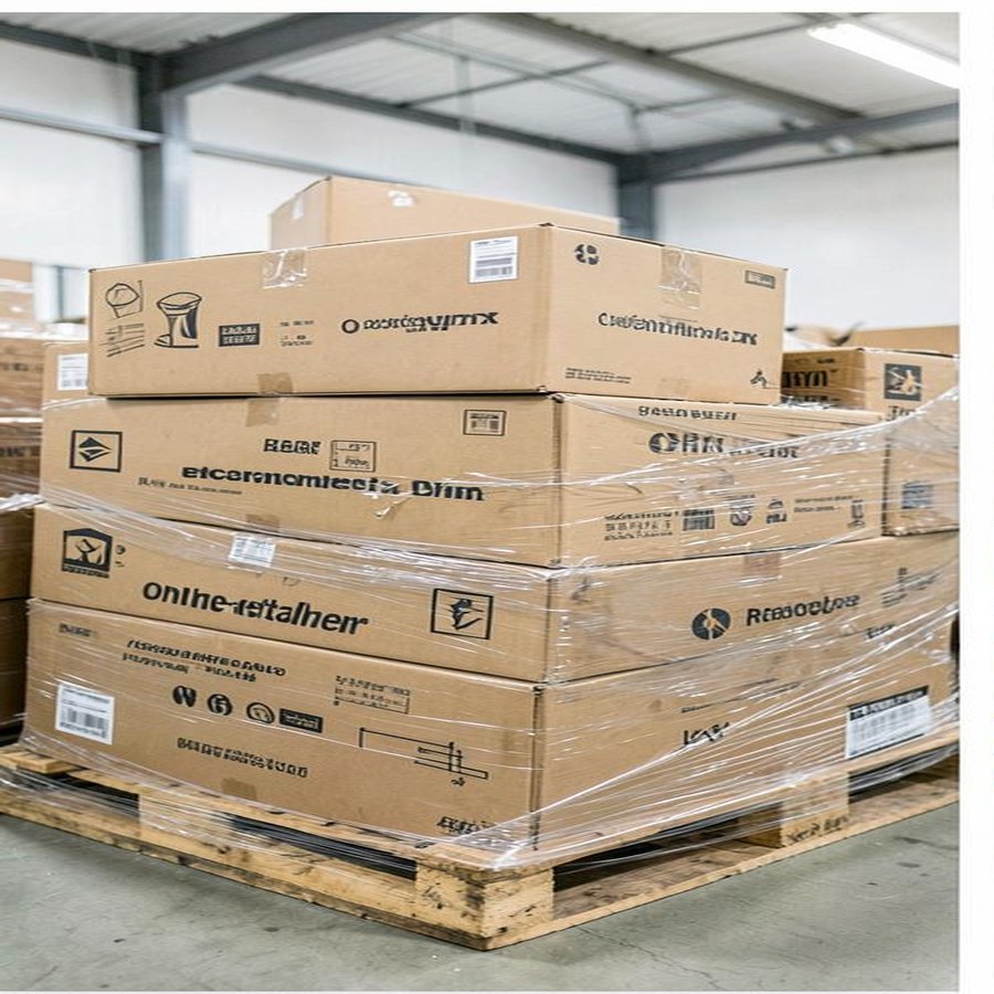 Unbranded online retail return cartons secured on a liquidation pallet