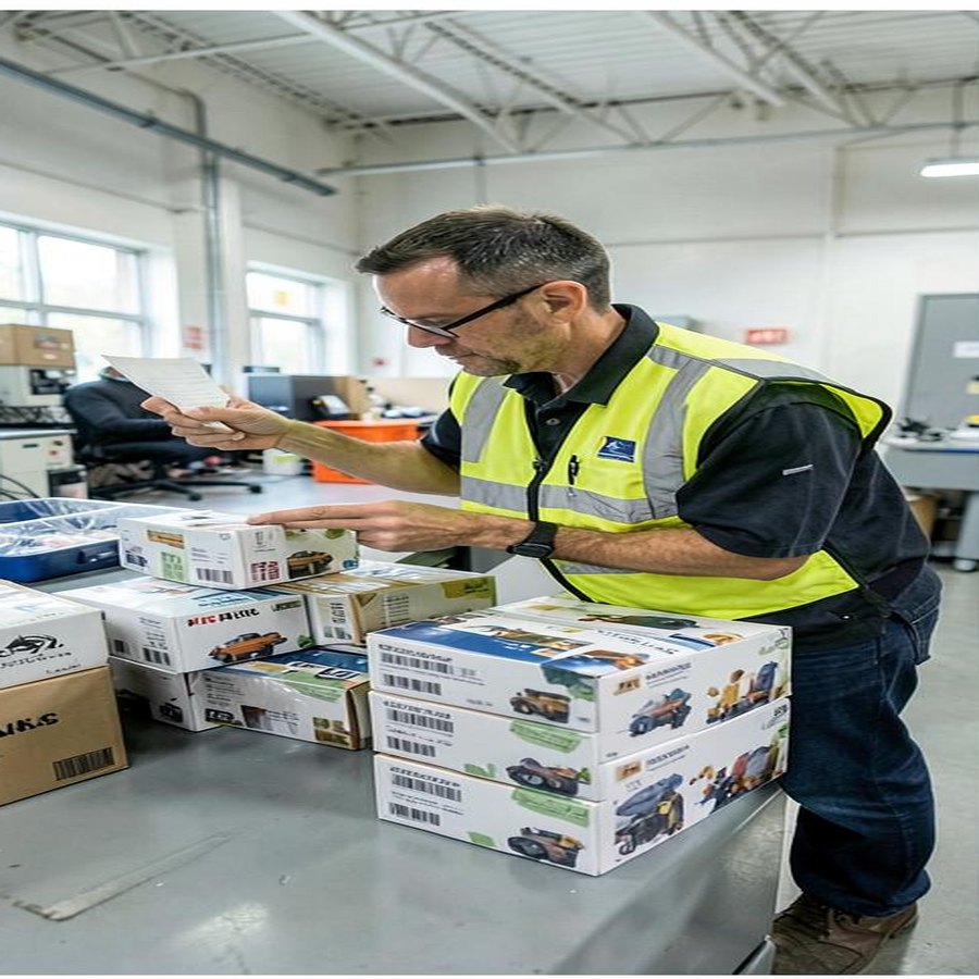 Liquidation inventory specialist checking product condition and carton details at an inspection station