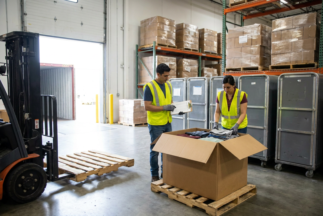 Footwear liquidation pairs and shoe boxes grouped for size verification and organized inventory storage