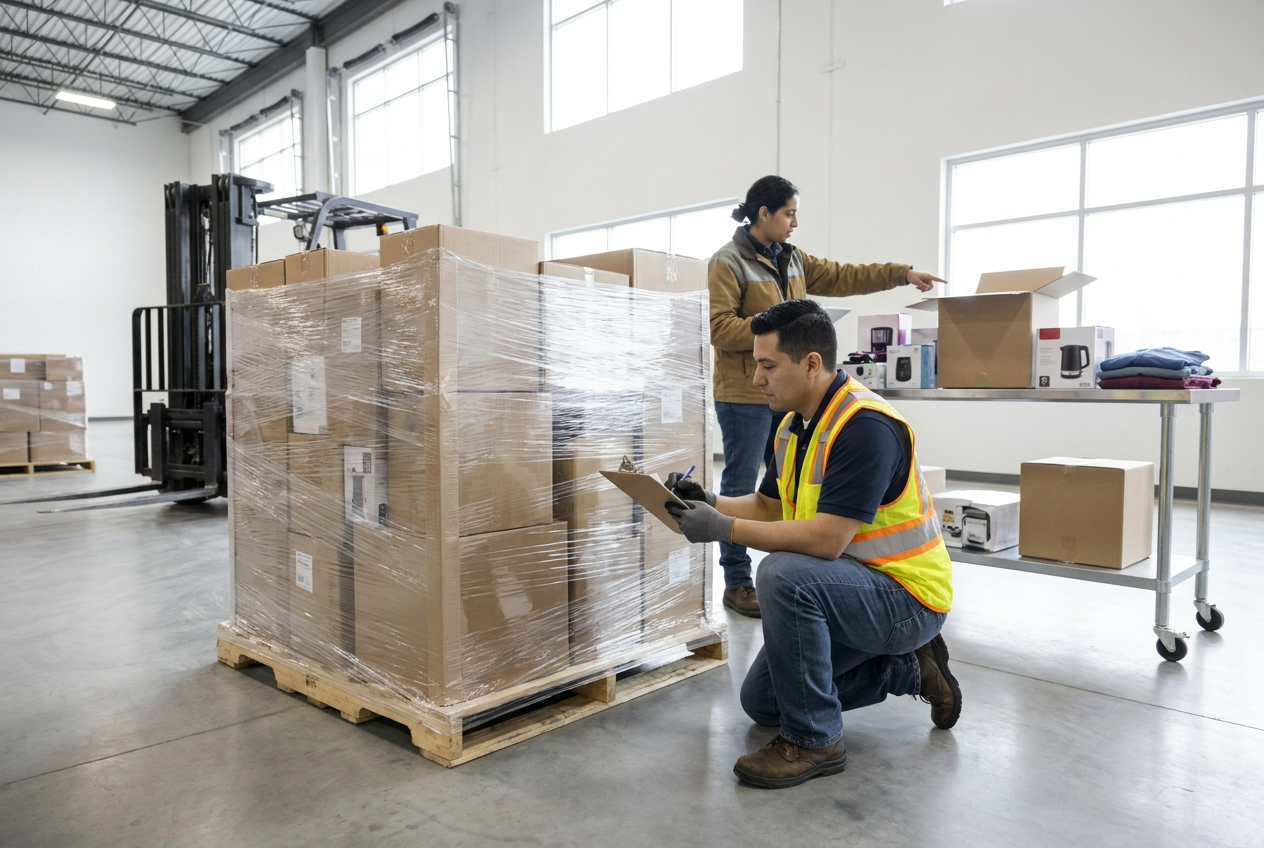 Document liquidation delivery condition Wrapped liquidation pallets and cartons ready for delivery inspection and shipment documentation