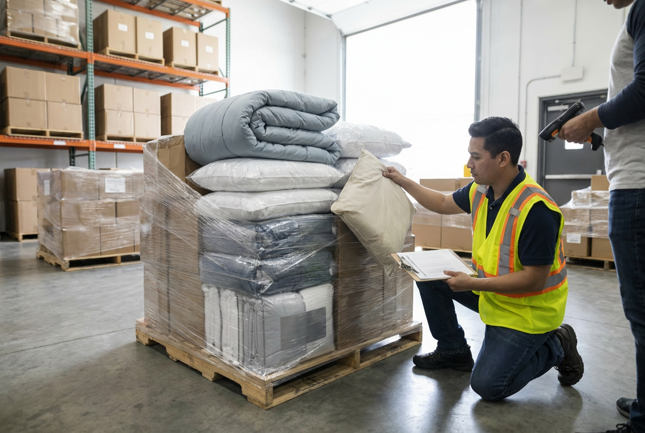 Labeled sheet sets and comforter packages arranged for checking sizes in bedding liquidation pallets