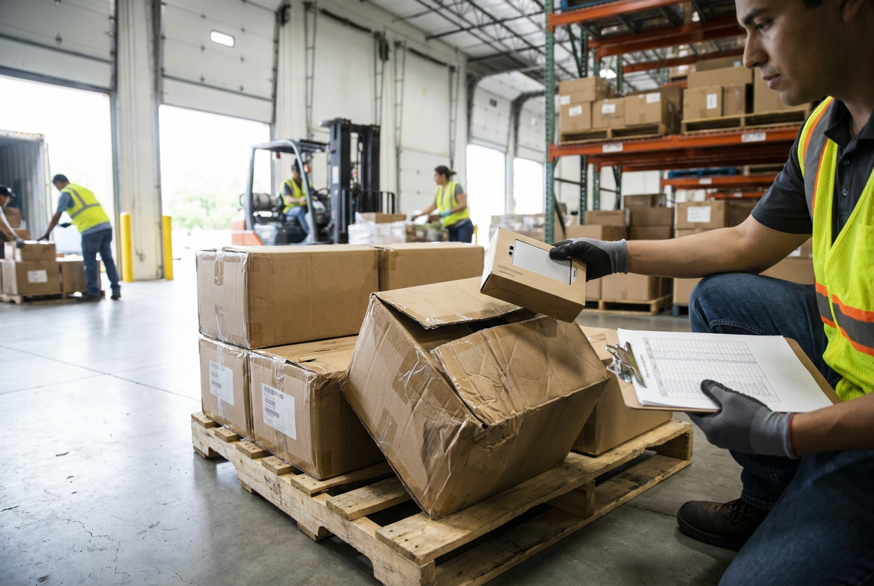 Box damage vs product damage checks Carton wear and exposed merchandise compared during a box damage vs product damage inspection