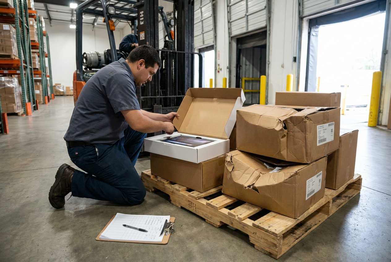 Separate packaging and item inspection Opened liquidation carton with protective inserts and merchandise arranged for separate condition checks