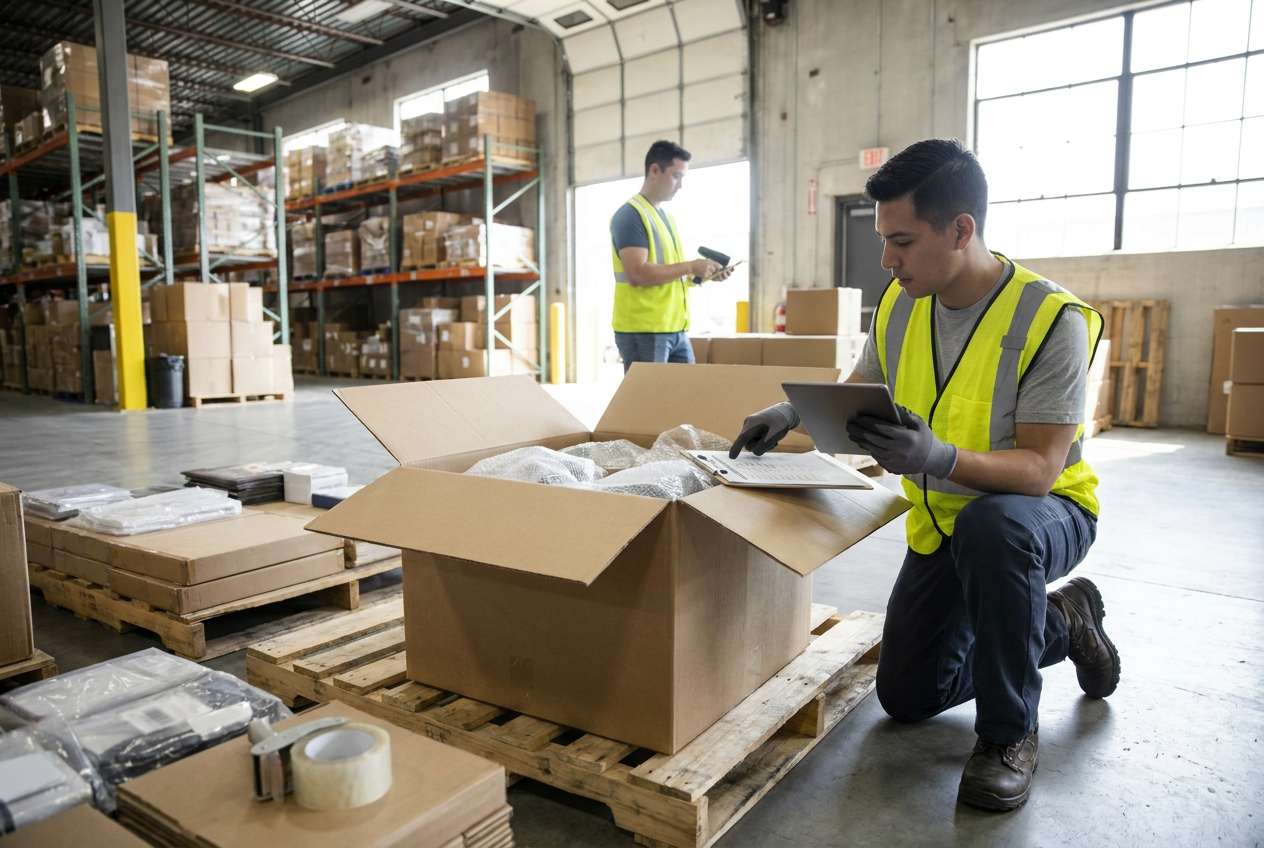 Editorial illustration of cargo insurance for liquidation freight documents beside wrapped palletized goods