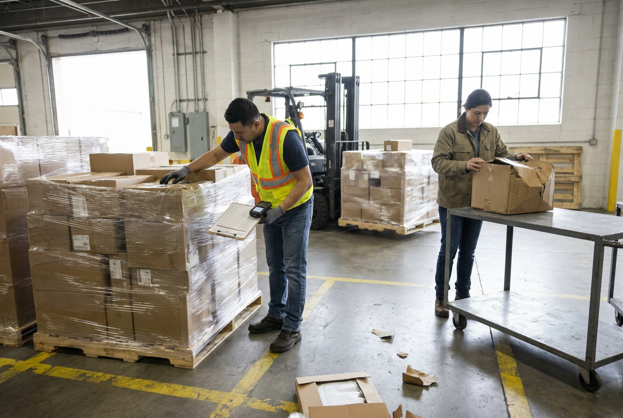 Editorial illustration of a receiving checklist and shipment records used to document liquidation freight damage