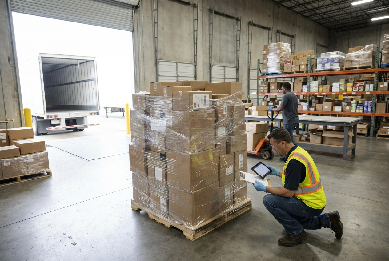 Opened shipping carton with inner bundles and retail units laid out for a case pack liquidation receiving count