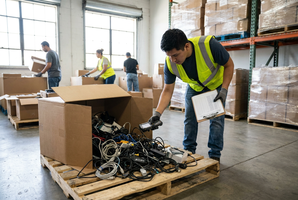Computer accessories liquidation cables and docks arranged for connector identification before testing