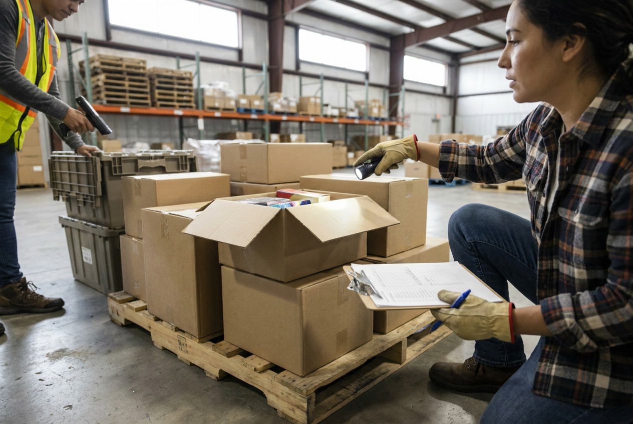 Editorial illustration of condition notes and inventory screening before an eBay liquidation listing
