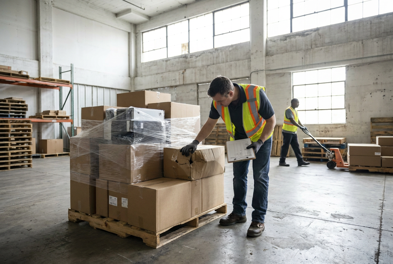 Battery inspection and device sorting area for electronics liquidation pallets before charging or resale