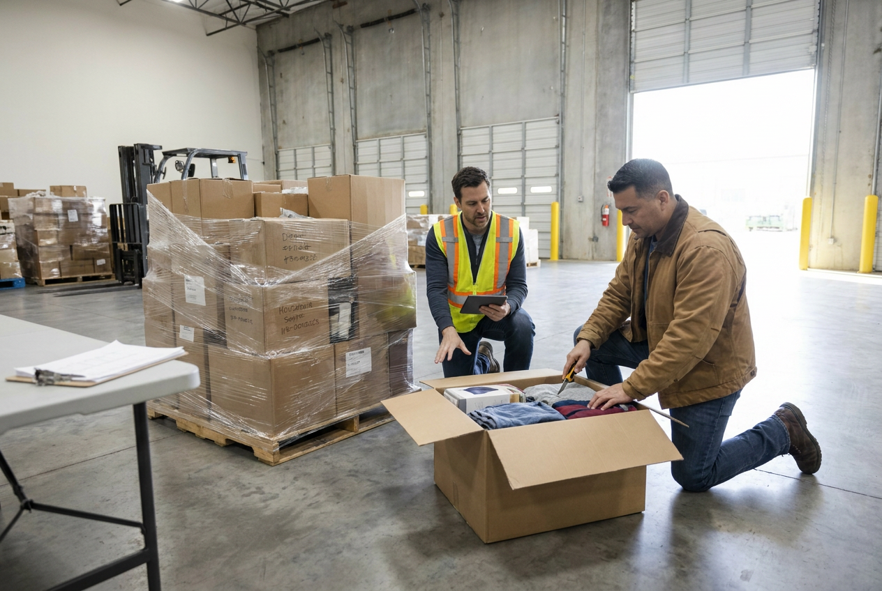 Loose cartons stacked inside a trailer for floor loaded liquidation truckloads unloading