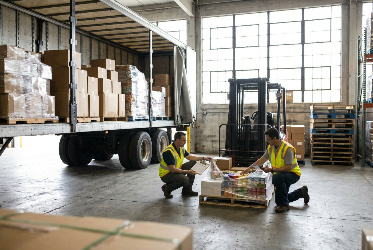 Cartons arranged on receiving pallets for counting after a floor-loaded liquidation truckload unload