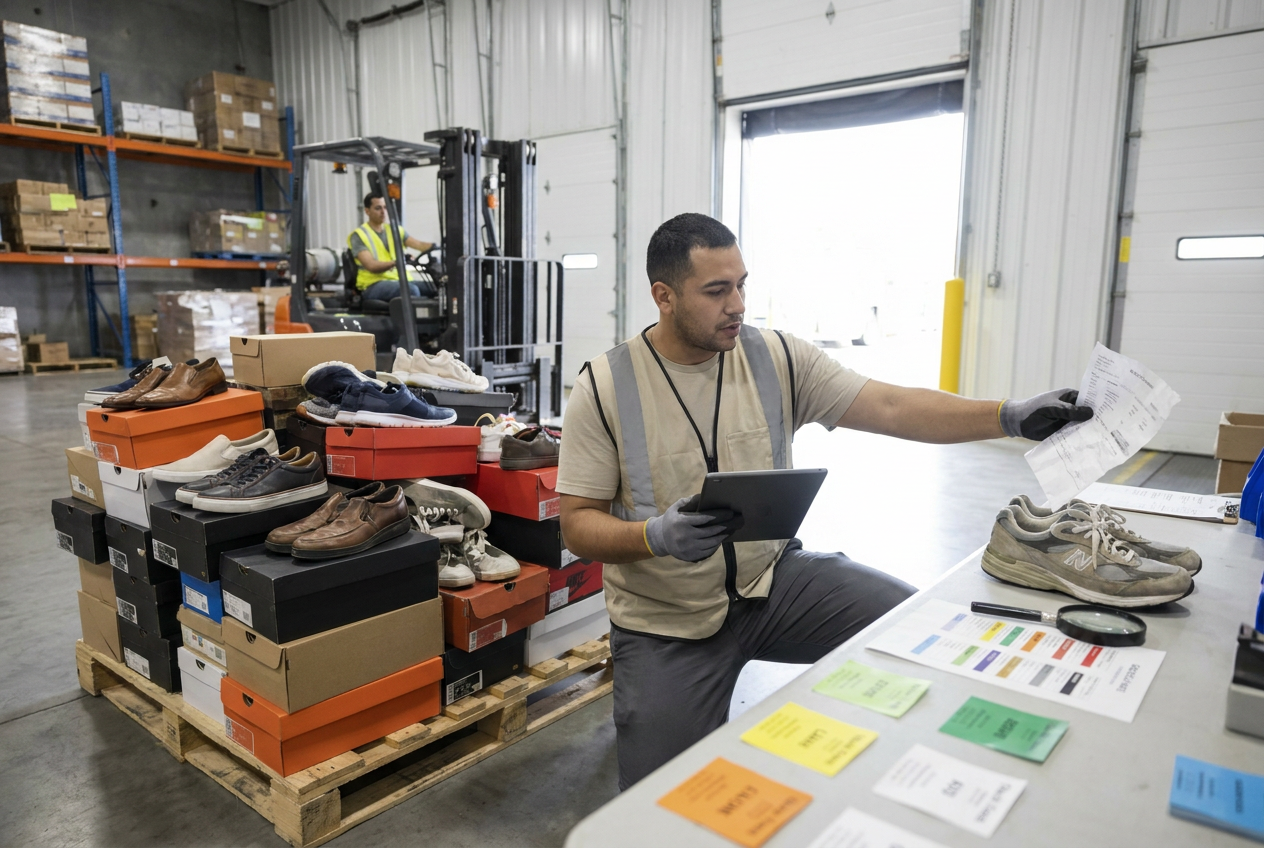 Shoeboxes and size labels used to assess footwear liquidation pallets before sorting