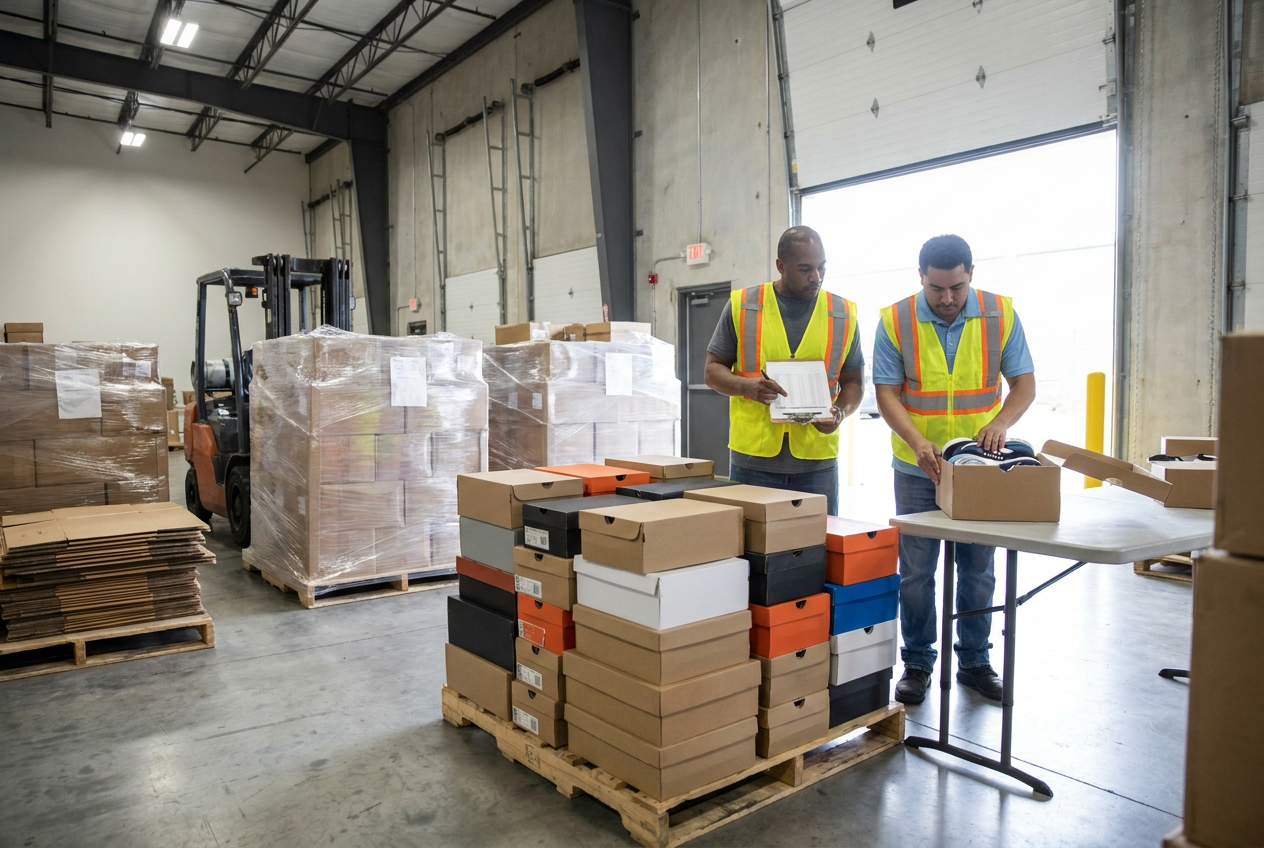 Paired footwear beside open boxes during a liquidation shoe packaging and condition inspection