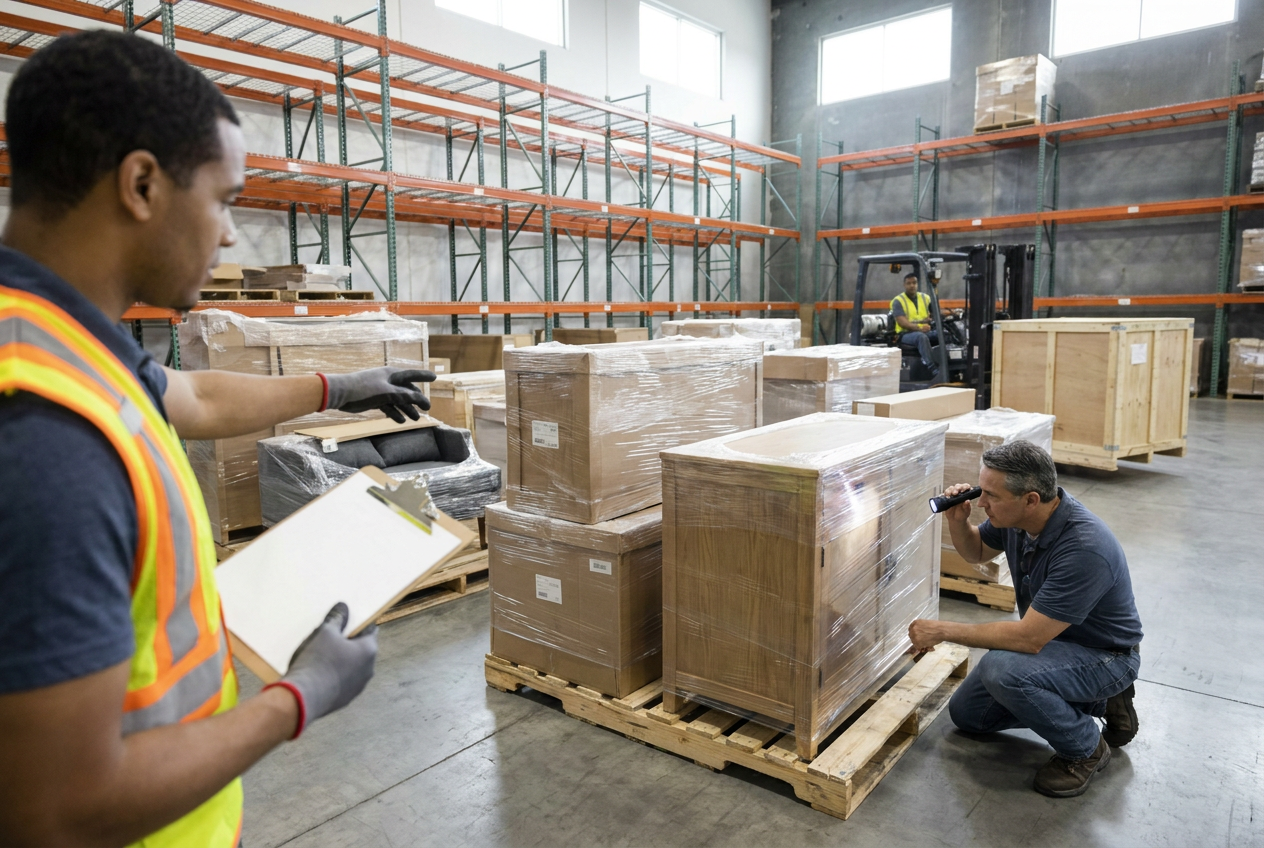 Flat-pack furniture completeness checks Flat-pack cartons and furniture panels staged for completeness checks on furniture liquidation pallets