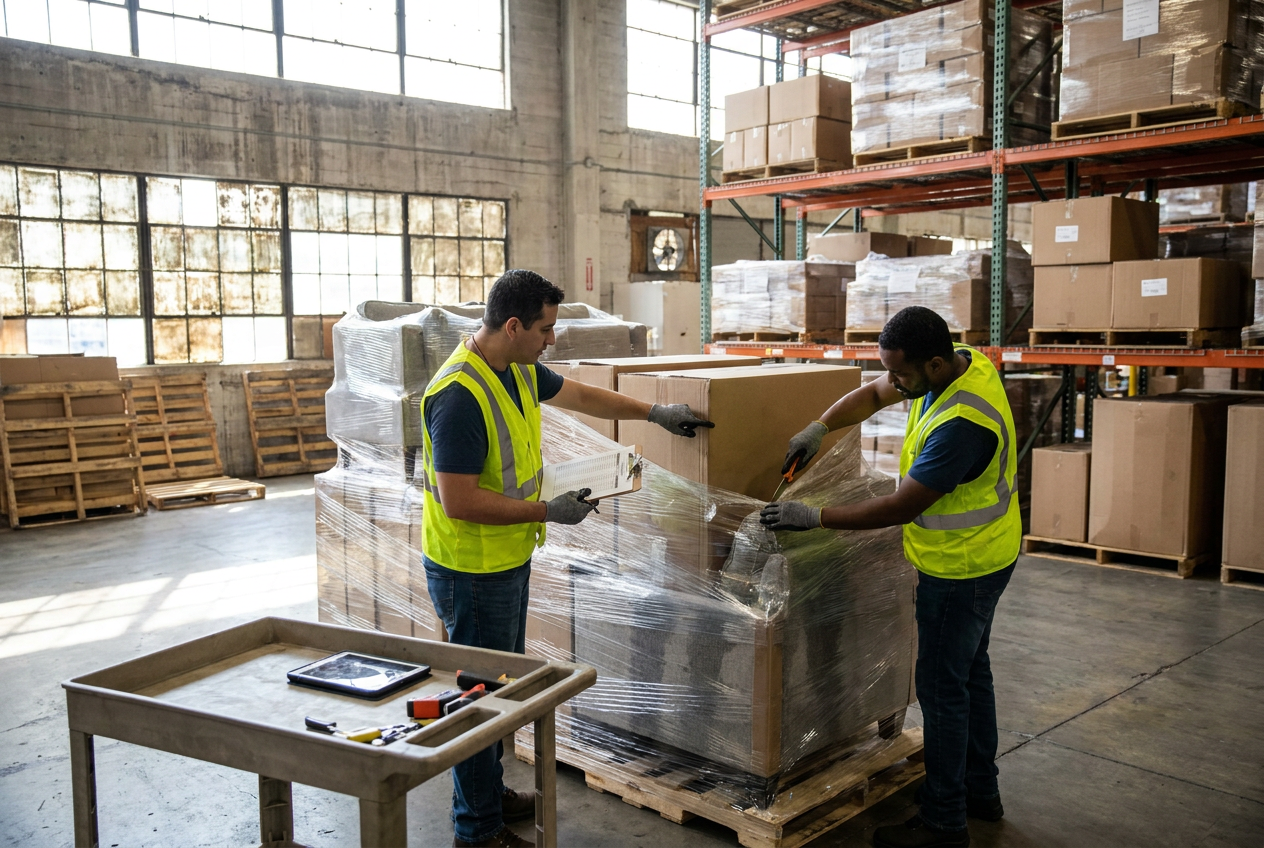 Upholstery inspection and delivery staging Wrapped upholstered furniture and boxed pieces staged for inspection of furniture liquidation pallets
