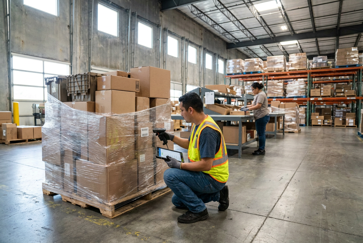 Assessing mixed merchandise pallets General merchandise liquidation pallets with mixed cartons arranged for warehouse assessment