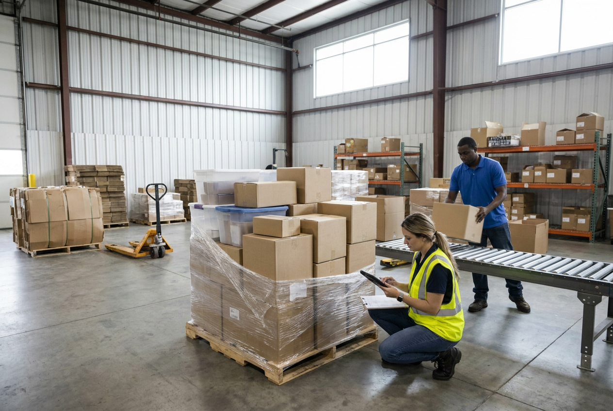 Sorting and storage for mixed loads Sorting mixed household goods from general merchandise liquidation pallets into labeled storage areas