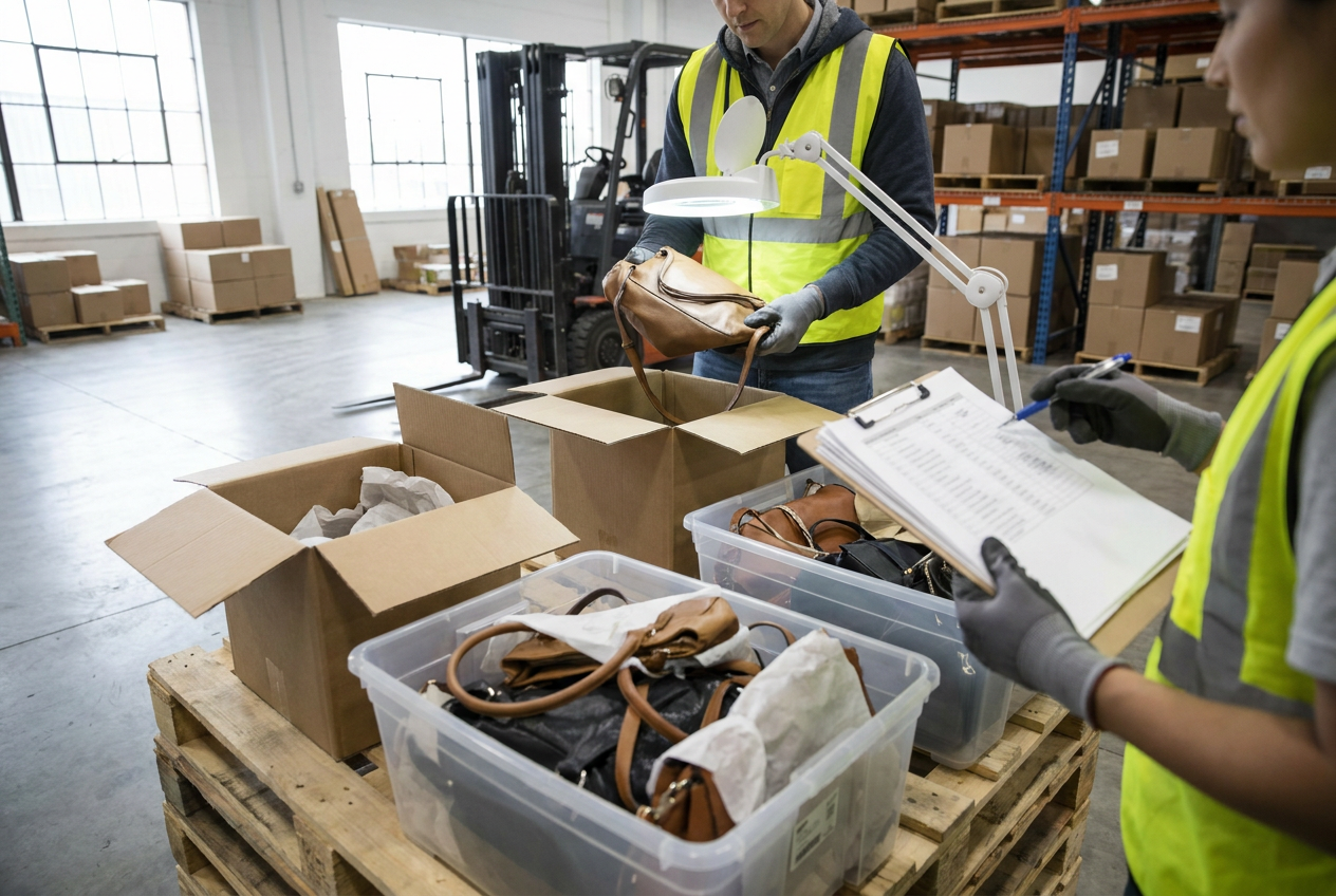 Handbag material and hardware checks Handbag liquidation lots inspection showing exterior materials, straps and closure hardware