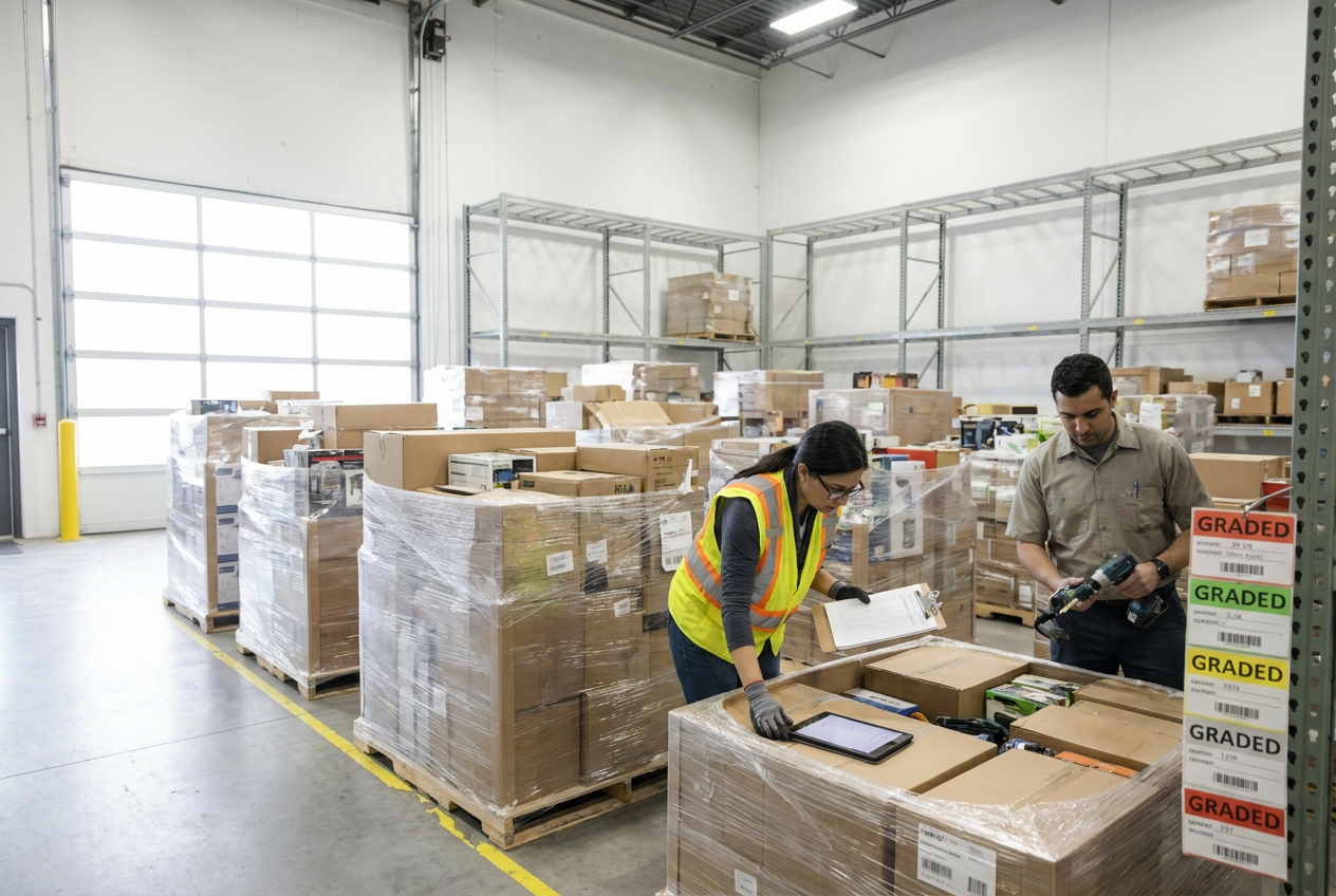 Power tools and boxed hardware arranged for inspection of Home Depot liquidation pallets