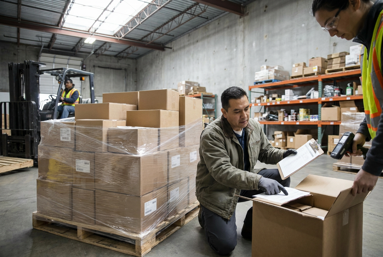 Liquidation pallet receiving check with a manifest used to compare shipment counts and visible packaging