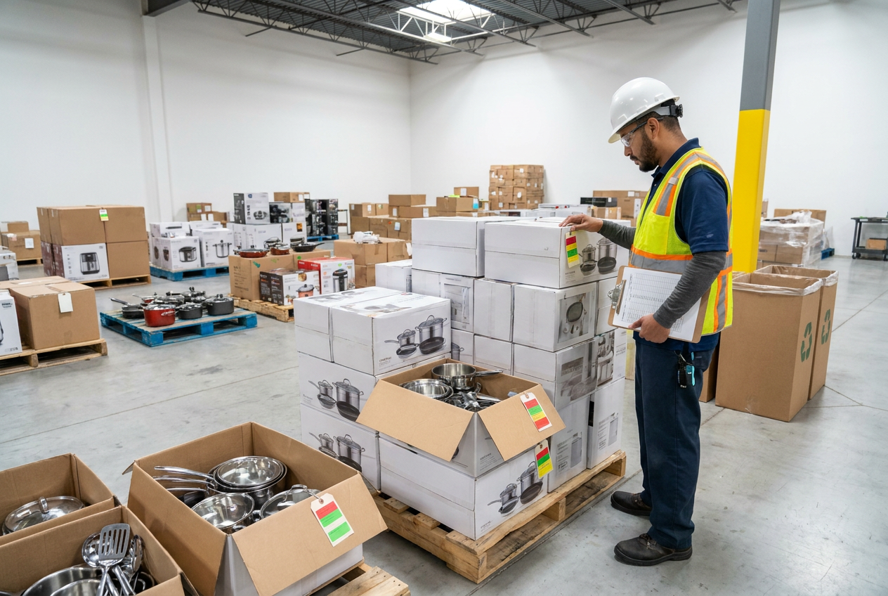 Kitchenware inspection priorities Cookware and utensils arranged for inspection of kitchenware liquidation lots on a sorting table