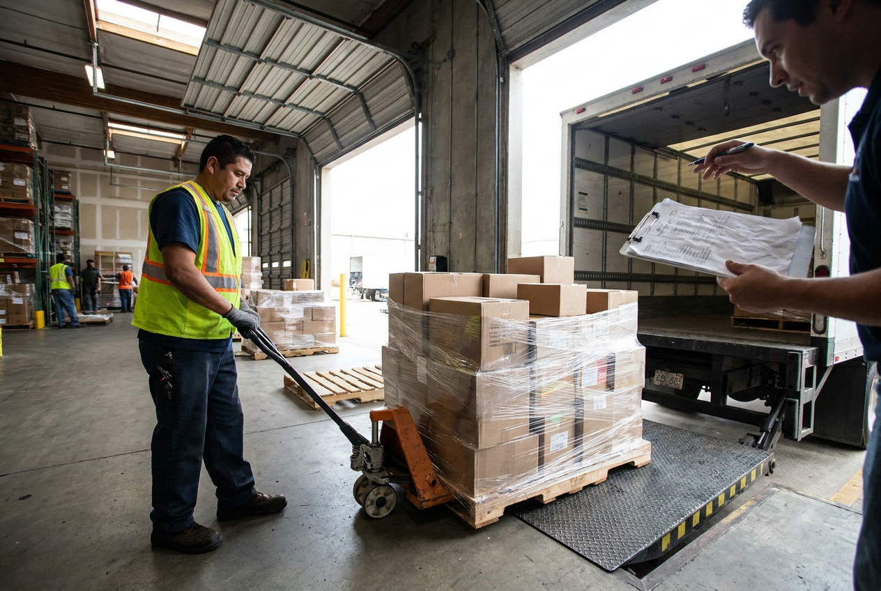 Wrapped liquidation pallet beside a paved unloading area with room for ground-level handling
