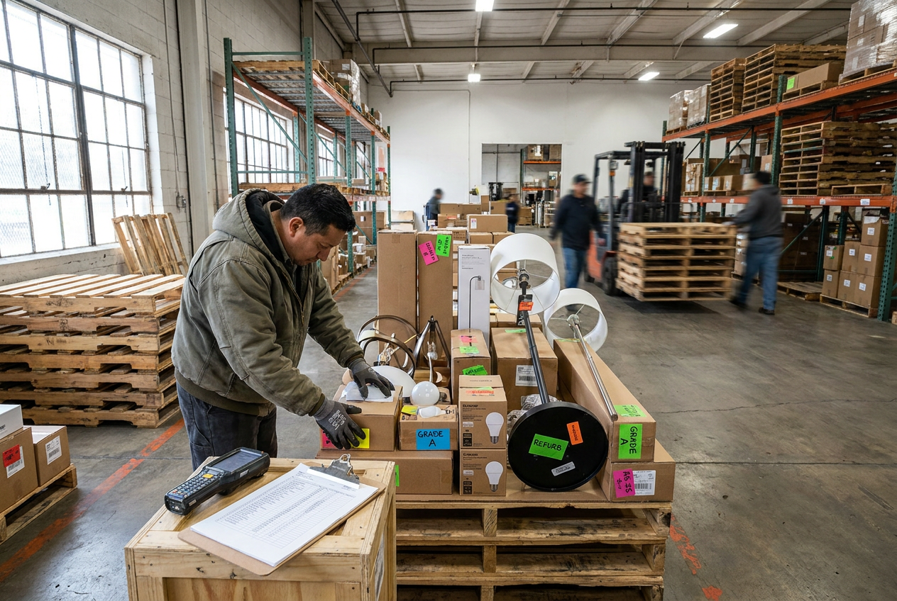 Lighting liquidation pallets inspection Boxed fixtures and lamp shades sorted for inspection of lighting liquidation pallets