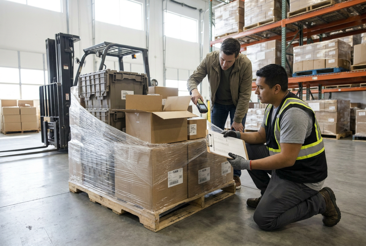 Receiver checking wrapped liquidation pallets beside a warehouse unloading area