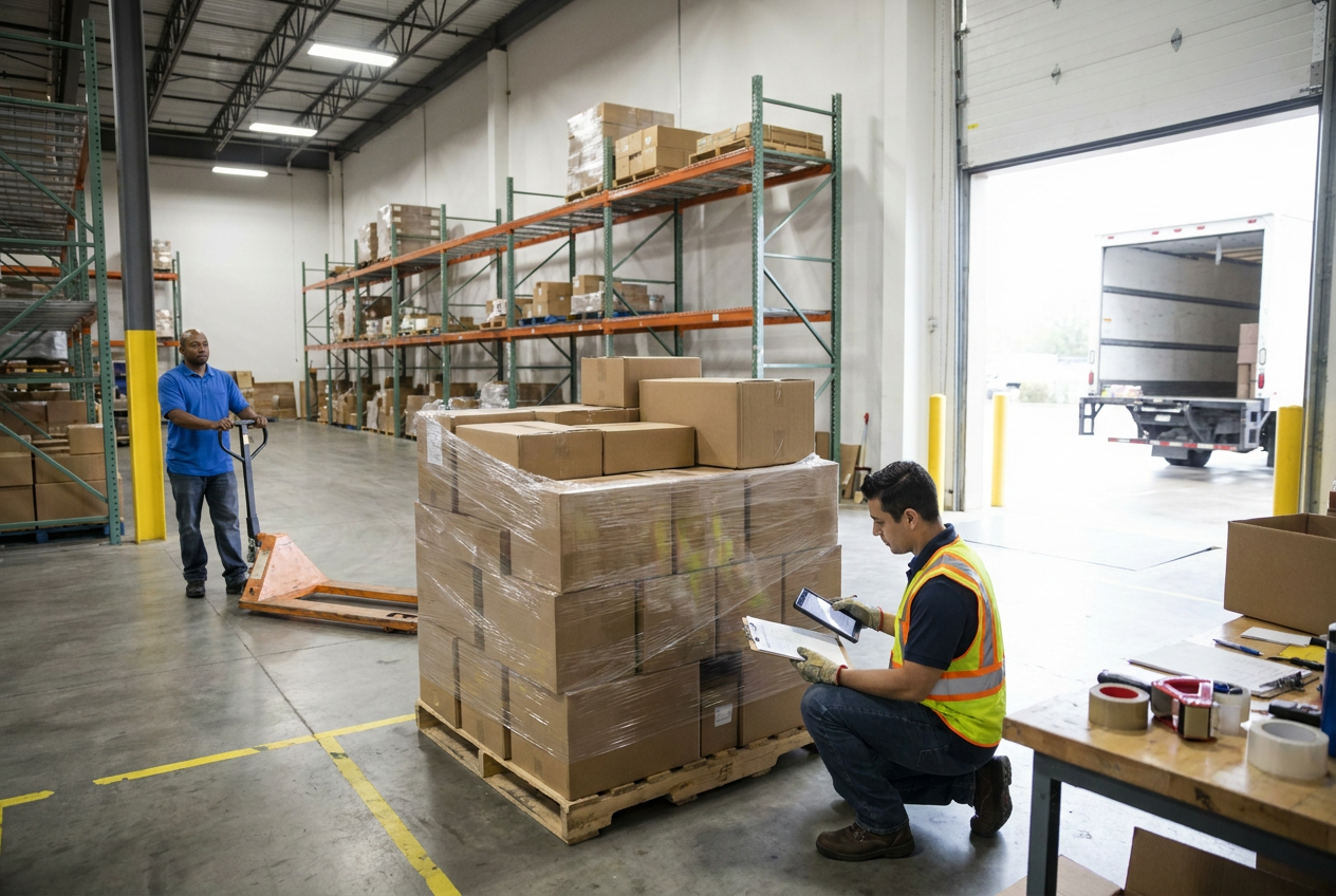 Reseller comparing pallet shipment paperwork with an auction invoice during delivery-day inspection