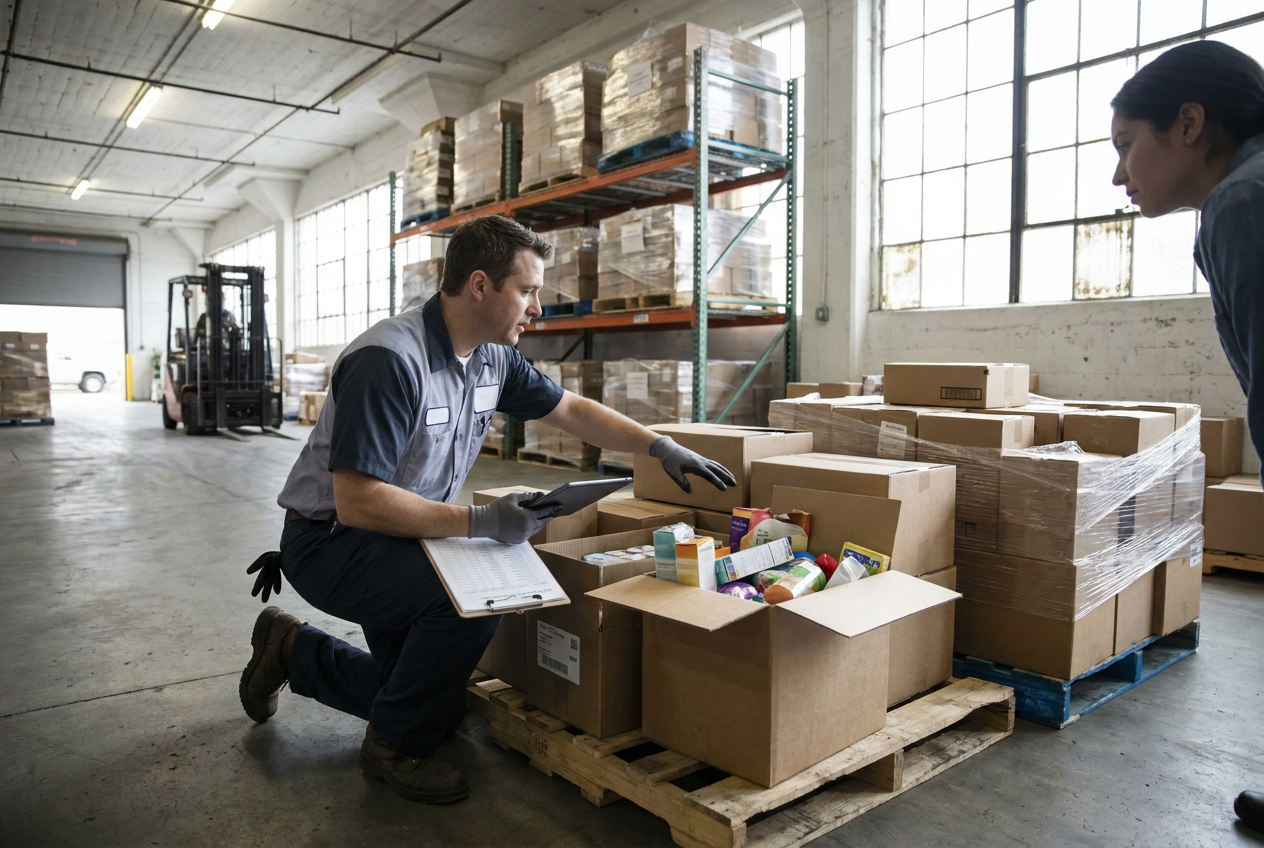 Liquidation pallet cartons arranged for comparing auction lots with fixed-price inventory