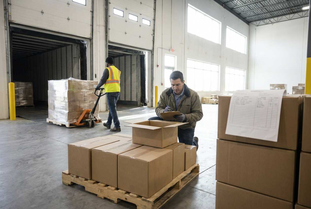 Wrapped liquidation pallets staged for delivery inspection and inventory count verification