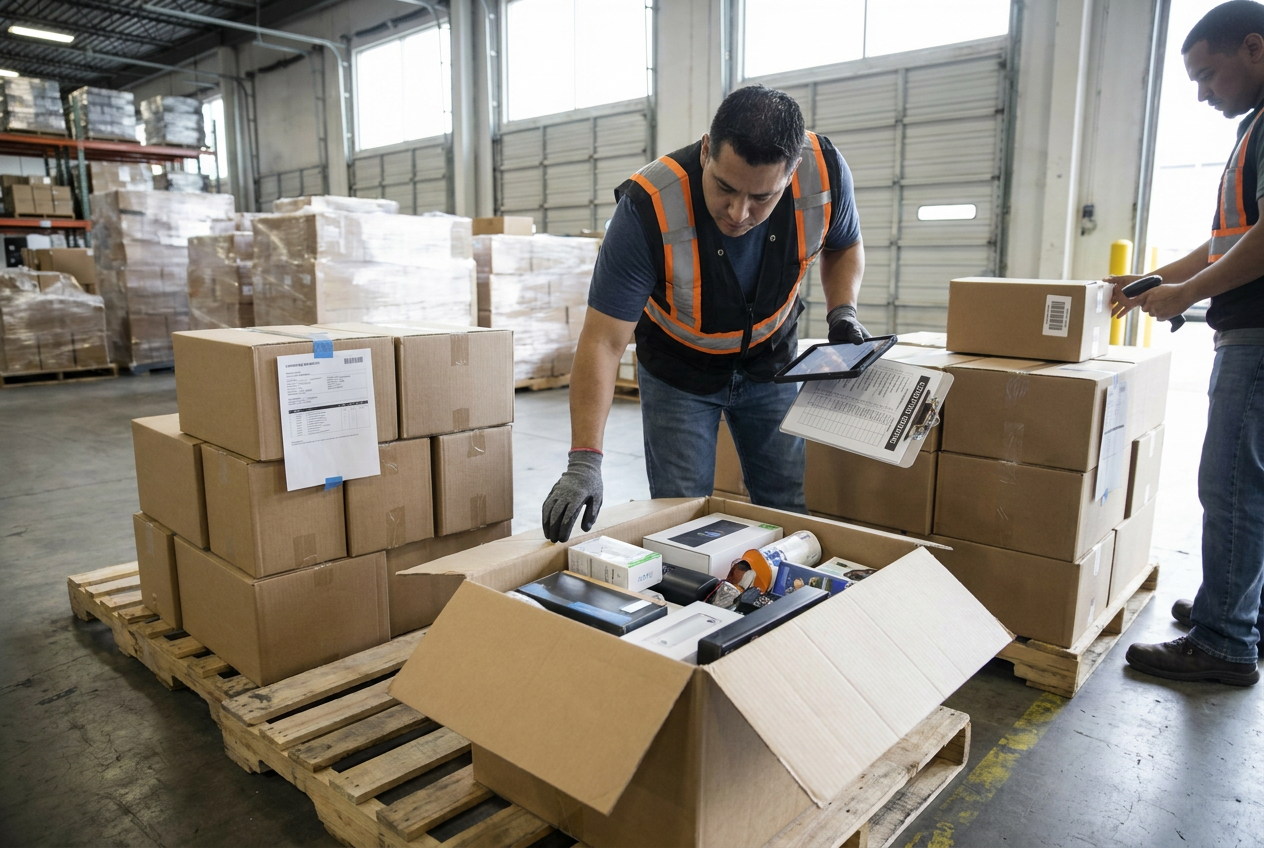 Editorial illustration of manifest records and package labels for liquidation inventory counterfeit risk