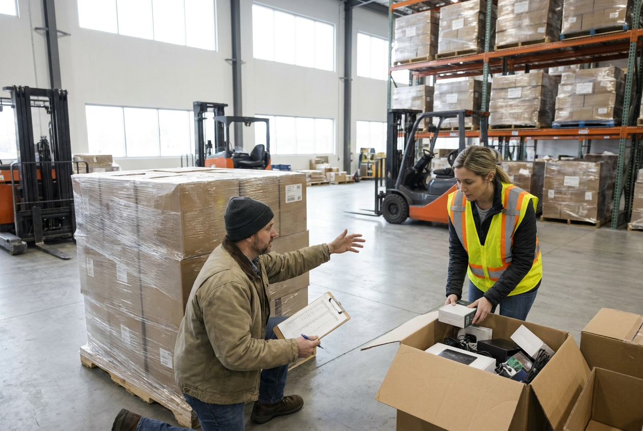 Document liquidation stock on arrival Liquidation pallets staged for receiving inspection with wrapped cartons and inventory documentation nearby
