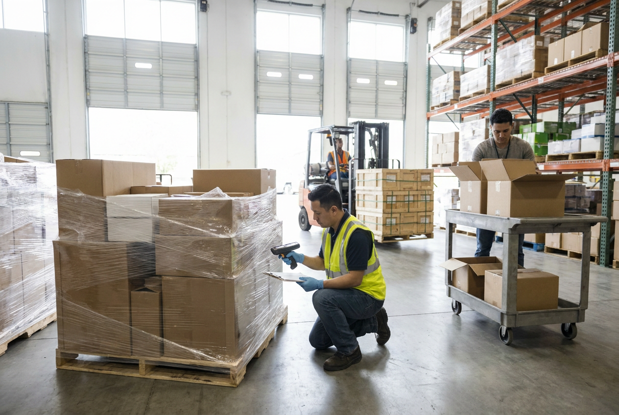 Track aging stock and handling work Liquidation cartons arranged on warehouse shelving for stock rotation and repeat-handling control
