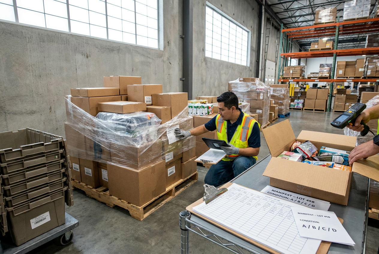Plan pallet footprints and access Marked pallet positions and access aisles for liquidation inventory storage inside a warehouse