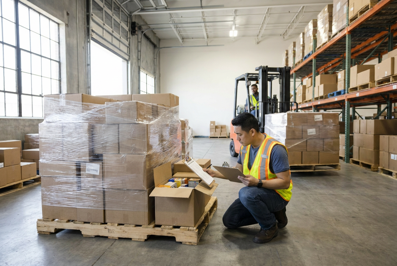 Separate inventory by processing status Separate incoming pallets, sorting benches, and shelving for sale-ready liquidation inventory storage