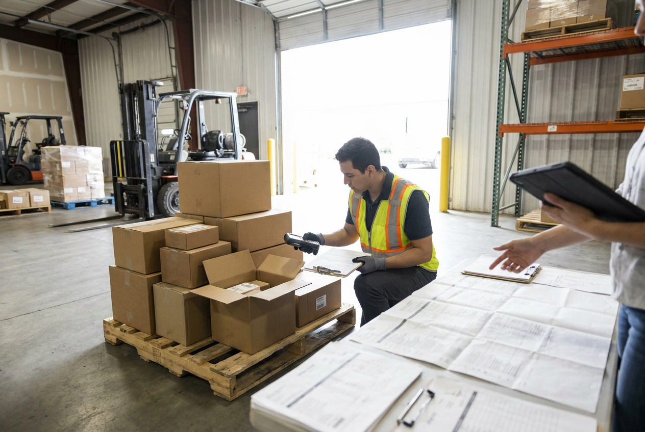 Wrapped liquidation pallets with carton labels and visible packaging damage documented during receiving
