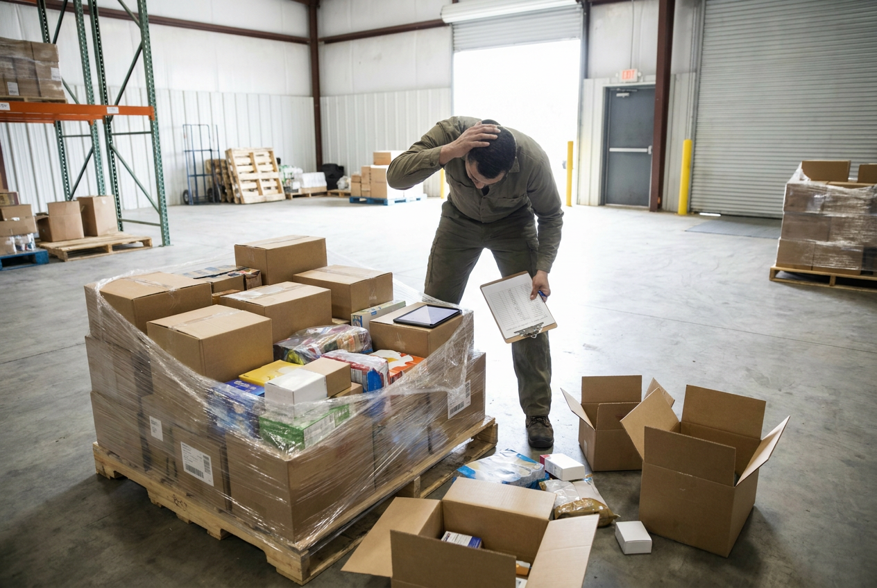 Planning a manageable first pallet order Editorial illustration about liquidation pallet buying mistakes and first-order inventory decisions