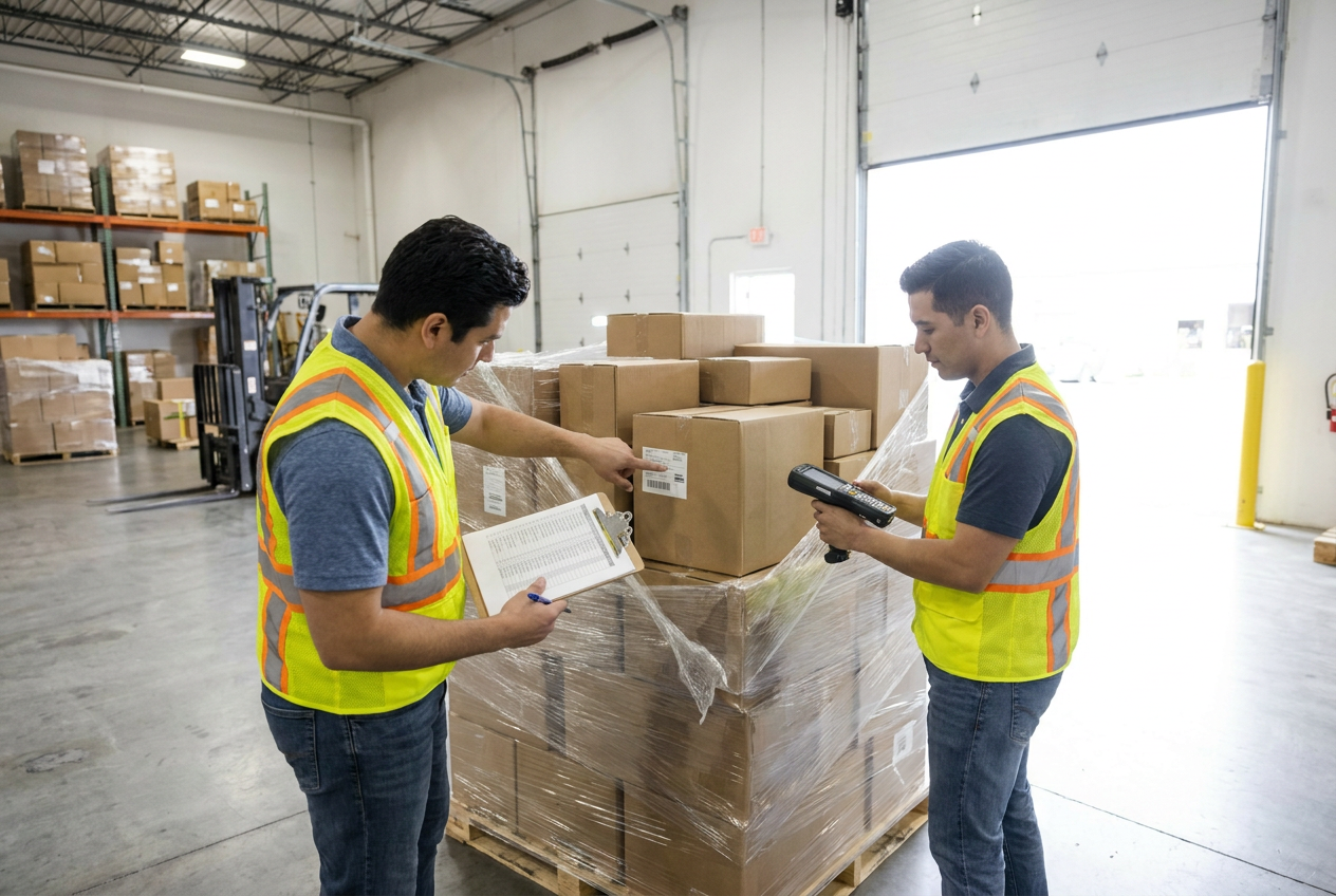 Dallas pallet delivery preparation Wrapped liquidation pallets staged in a warehouse for freight delivery from Dallas