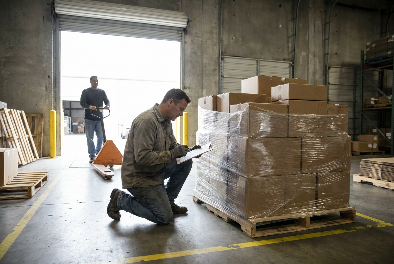 Inspecting incoming liquidation freight Liquidation pallet receiving area with wrapped freight ready for delivery-day inspection