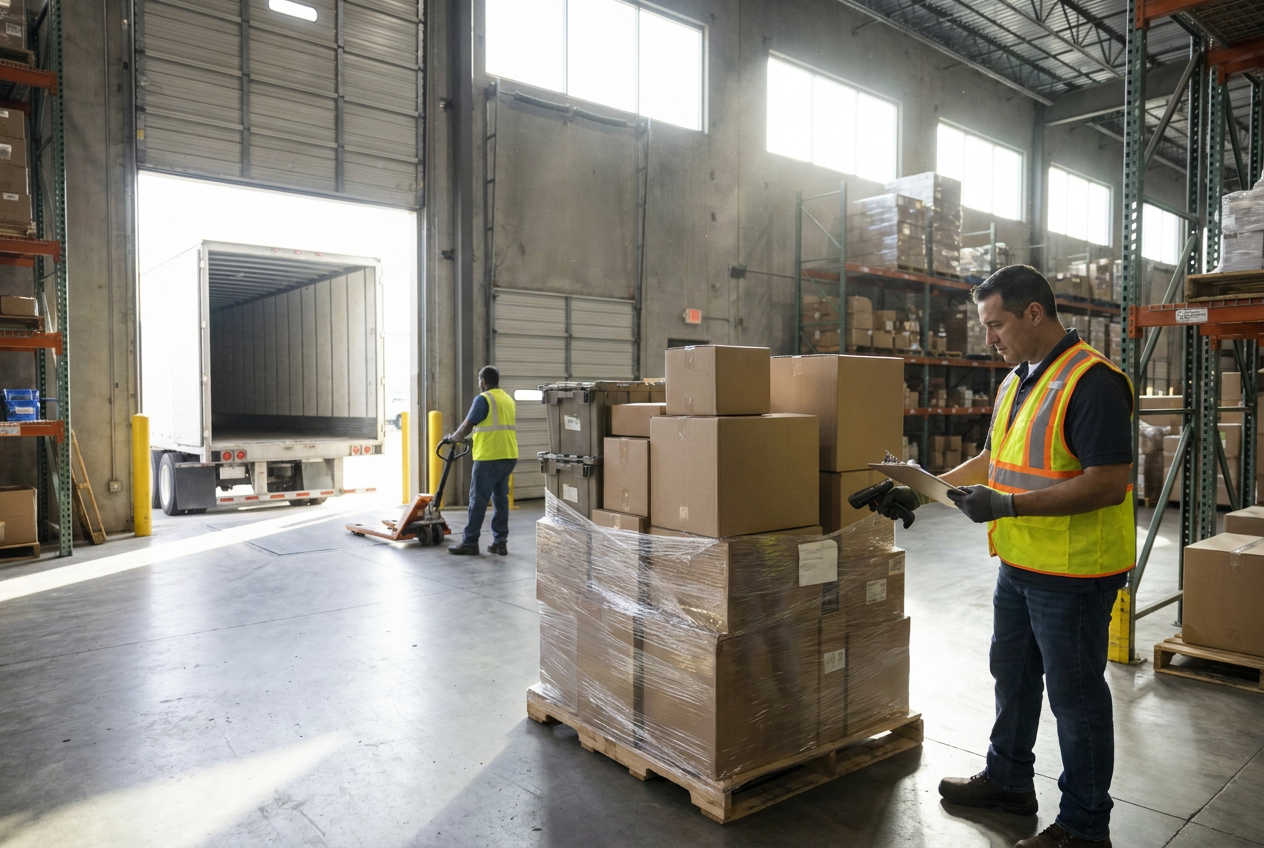 Inspect freight before signing Receiver checking wrapped liquidation pallet cartons and delivery paperwork at a freight unloading area