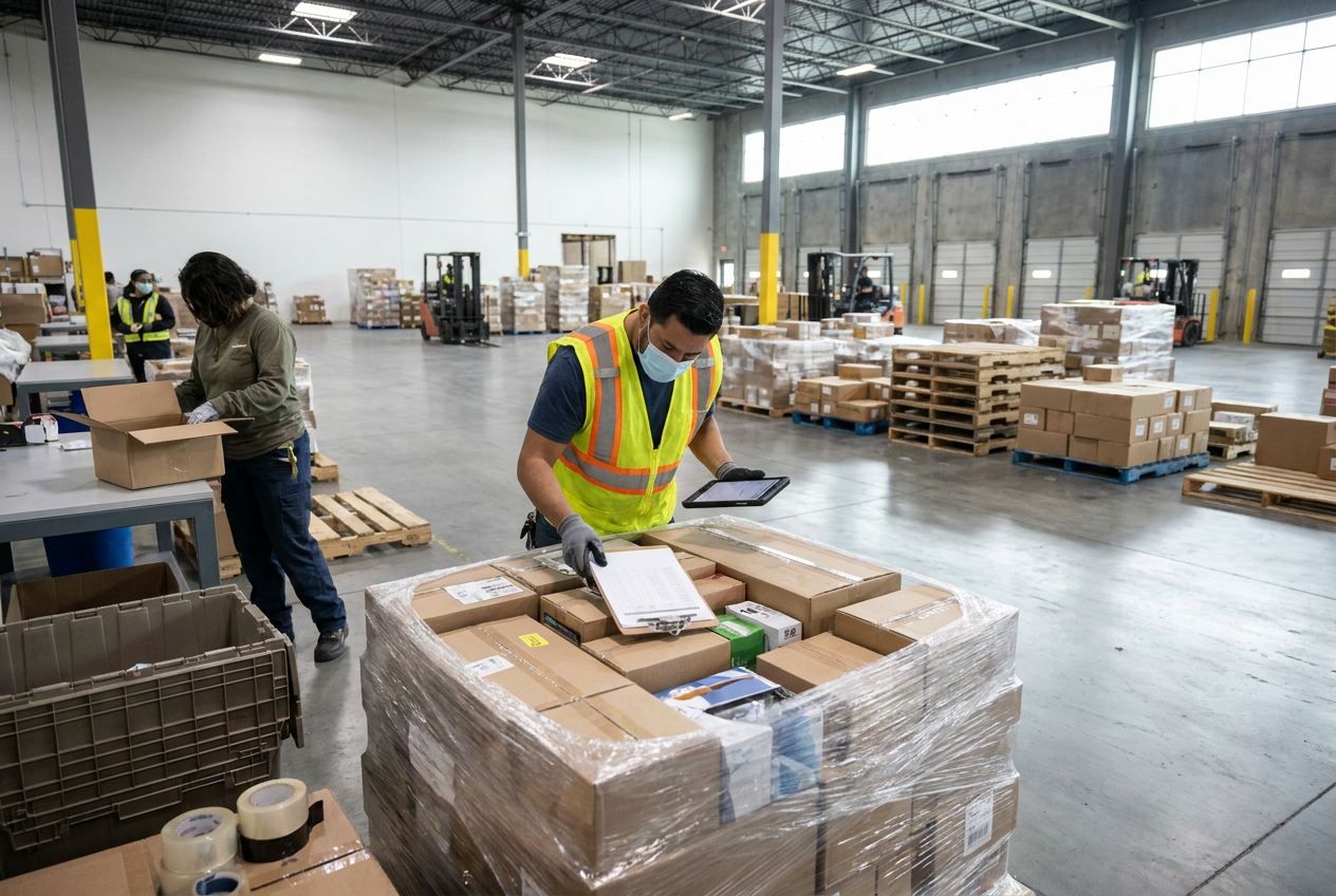 Liquidation pallet inspection staging Wrapped liquidation pallet staged for inspection beside labeled receiving and sorting areas