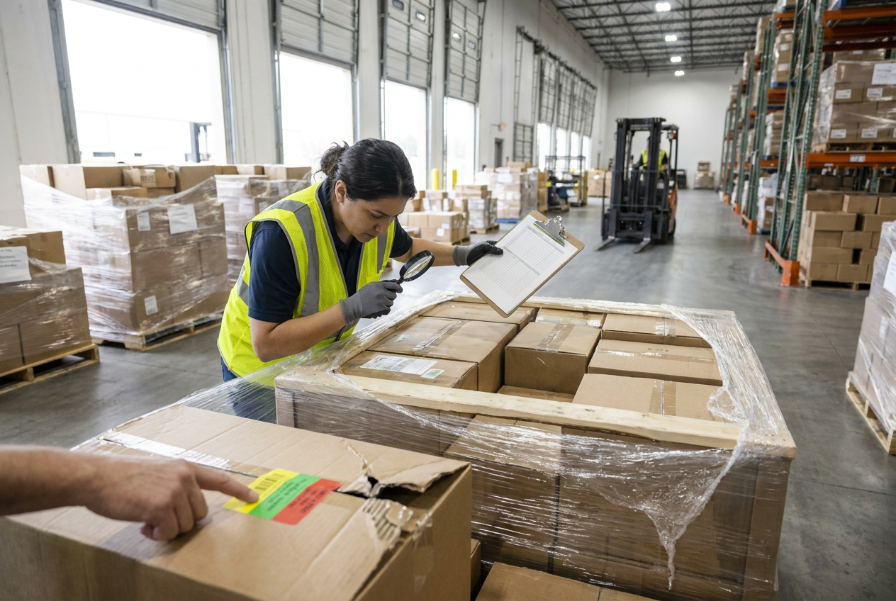 Editorial illustration of liquidation pallet listing red flags involving photos and lot identification