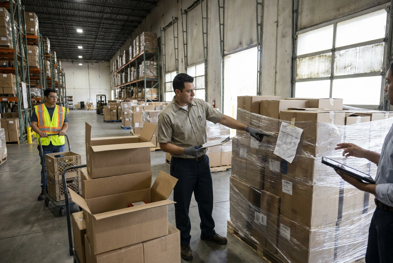 Editorial illustration of checking listing terms, order records and delivery evidence before accepting inventory