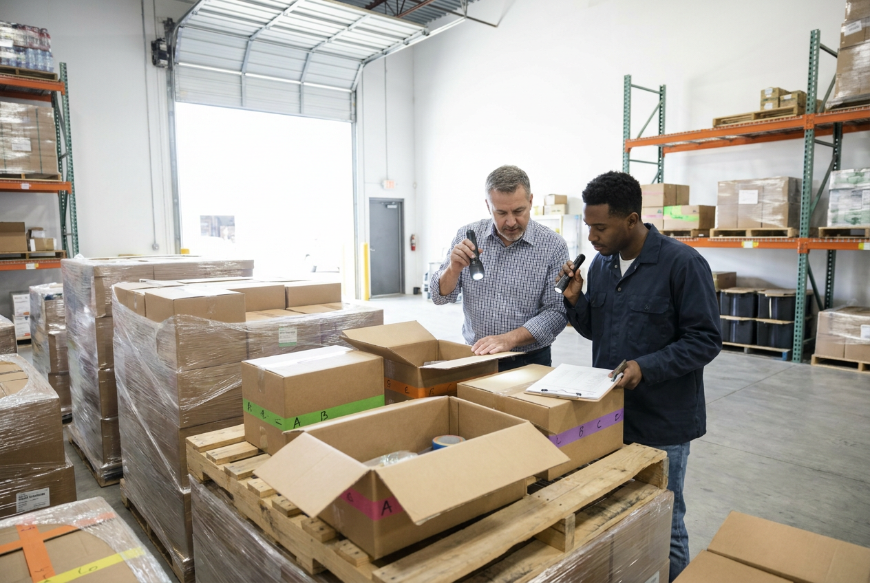 Reviewing liquidation pallet pricing Liquidation pallet pricing review with boxed inventory and a warehouse inspection workspace