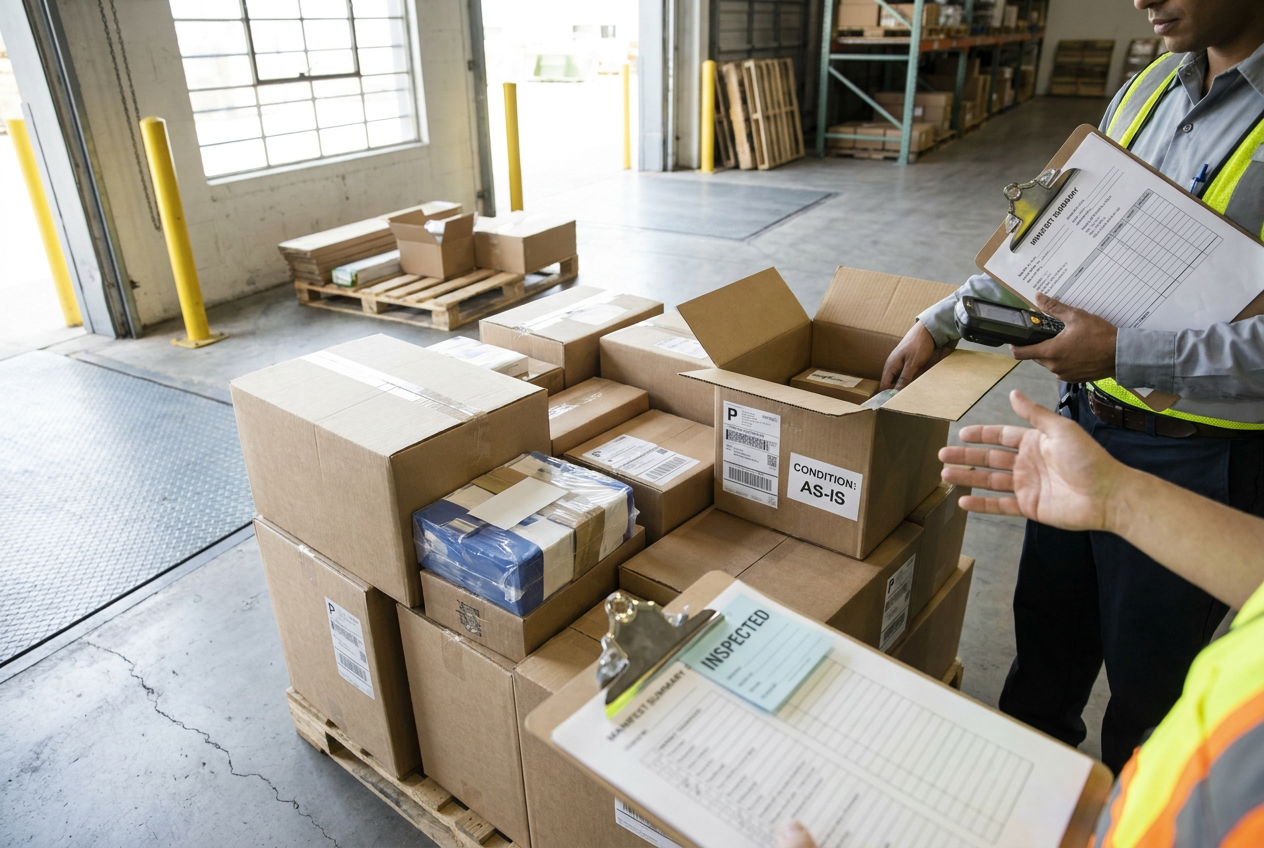 Liquidation purchase order terms paperwork beside a pallet manifest and load identification checklist