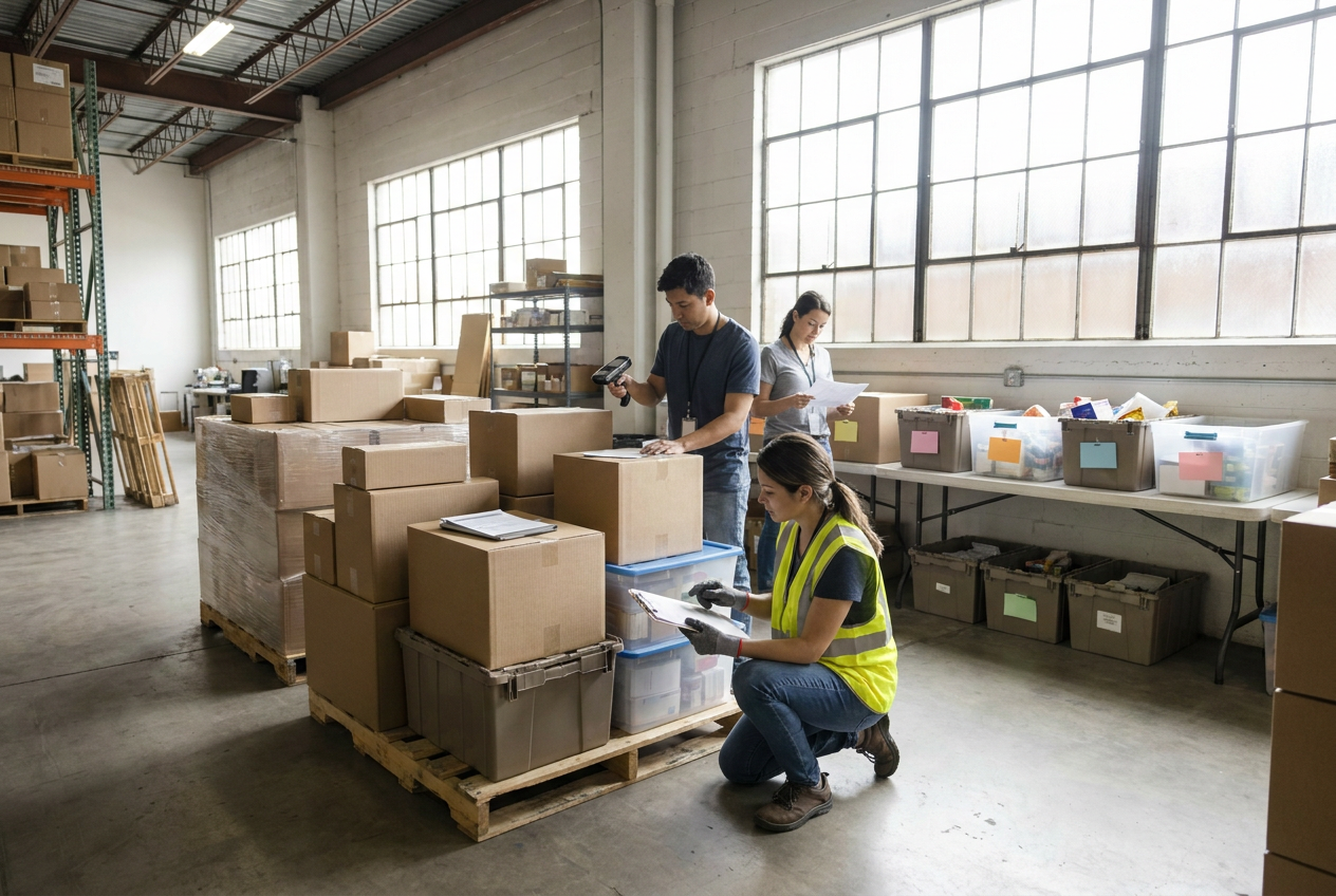 Reseller reviewing liquidation supplier references beside order paperwork and a laptop