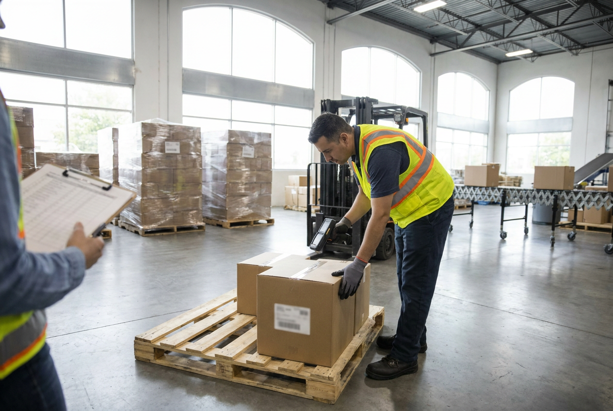 Wrapped liquidation pallets beside a delivery checklist used to document shipment condition